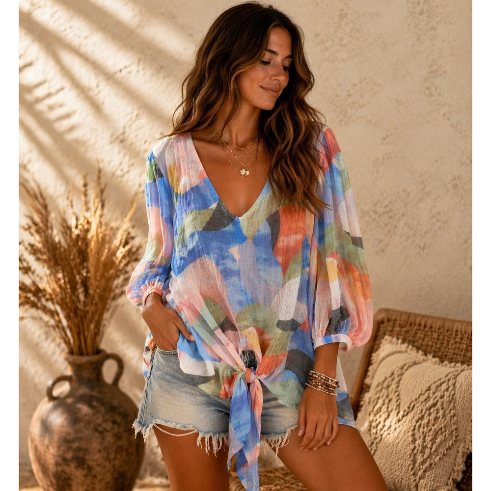 Olivia & Martin Abstract Blouse 2X Tie Front Peasant Sleeve Colorful Boho Chic